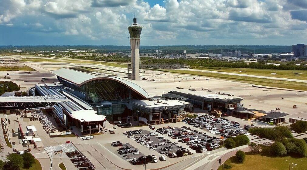 An aerial view of austin airport with a tower in the background.